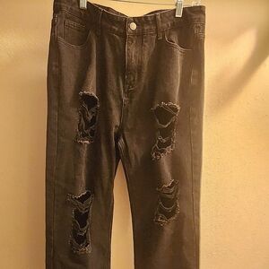 Womens loose ripped boyfriends jeans high waist baggy wide denim pants New